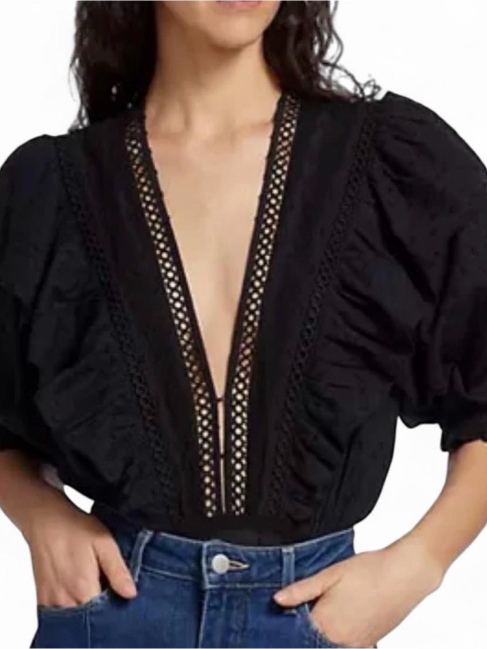 FARM Rio black Deep V Ruffled Lace-Inset Bodysuit - Picture 7 of 10